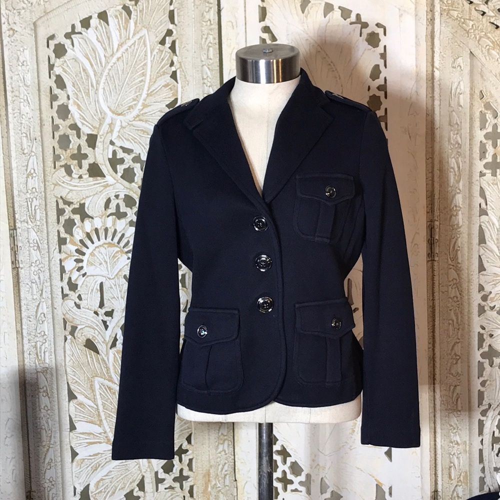 Talbot Petites small woman’s navy blue sweater button up jacket
